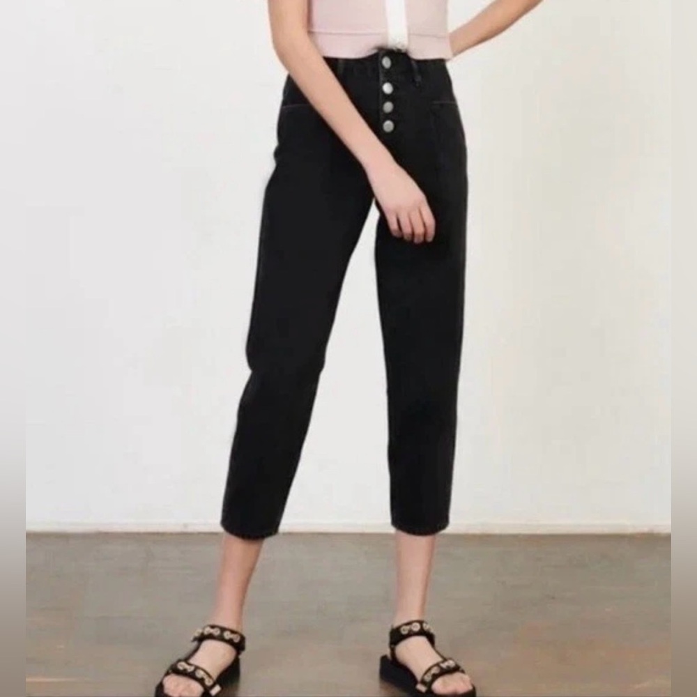Maje Hi Rise Button Fly Crop / Ankle Black Denim Jeans 38/ Medium Organic Cotton